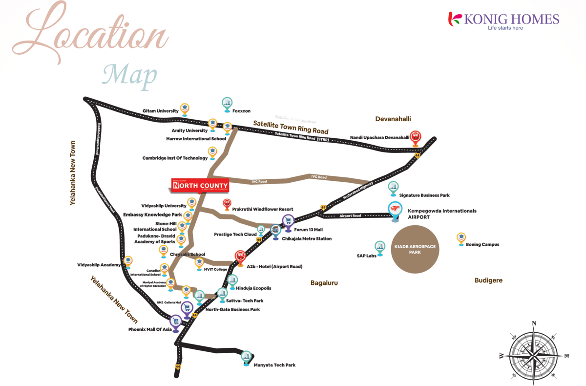 Location map of Konig North County, Devanahalli — the airport, Satellite Town Ring Road, NH 44, tech parks, schools and malls around the site