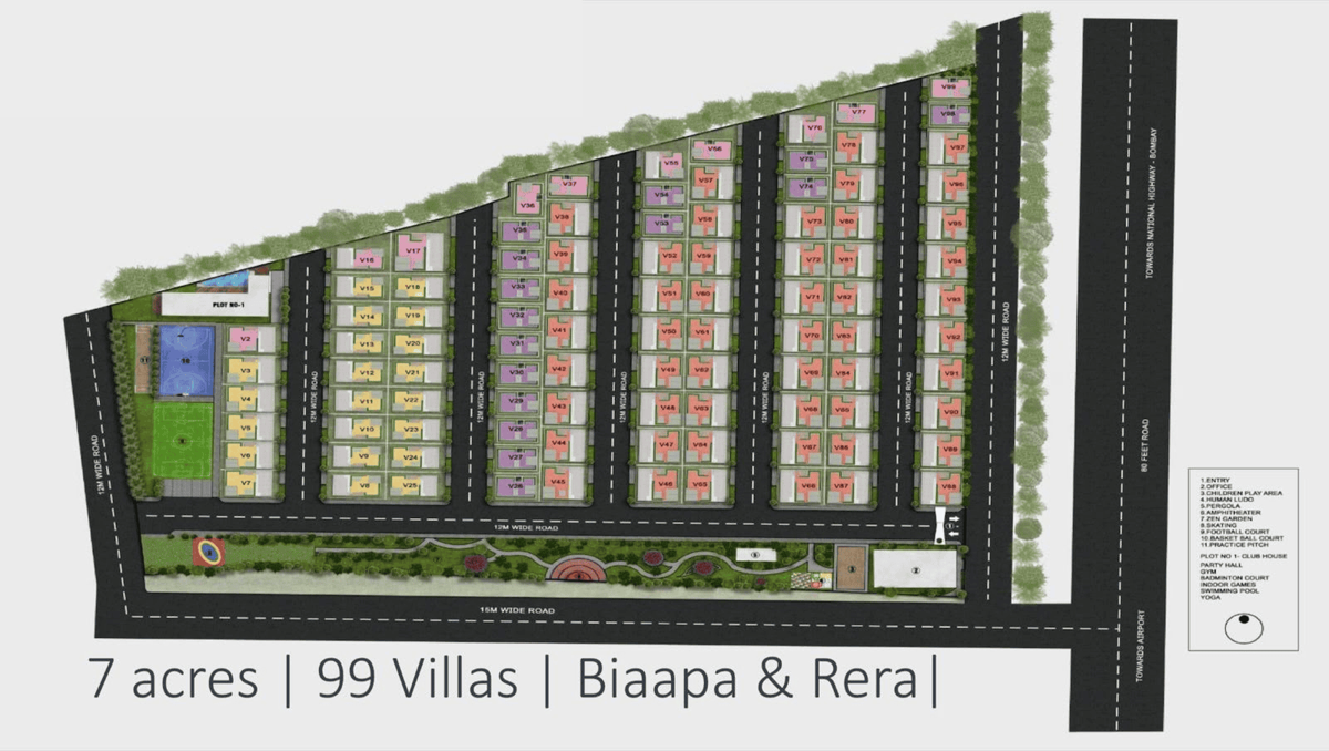 Master plan of Konig North County, Devanahalli — 99 numbered villa plots across 7 acres, clubhouse, sports courts and internal roads